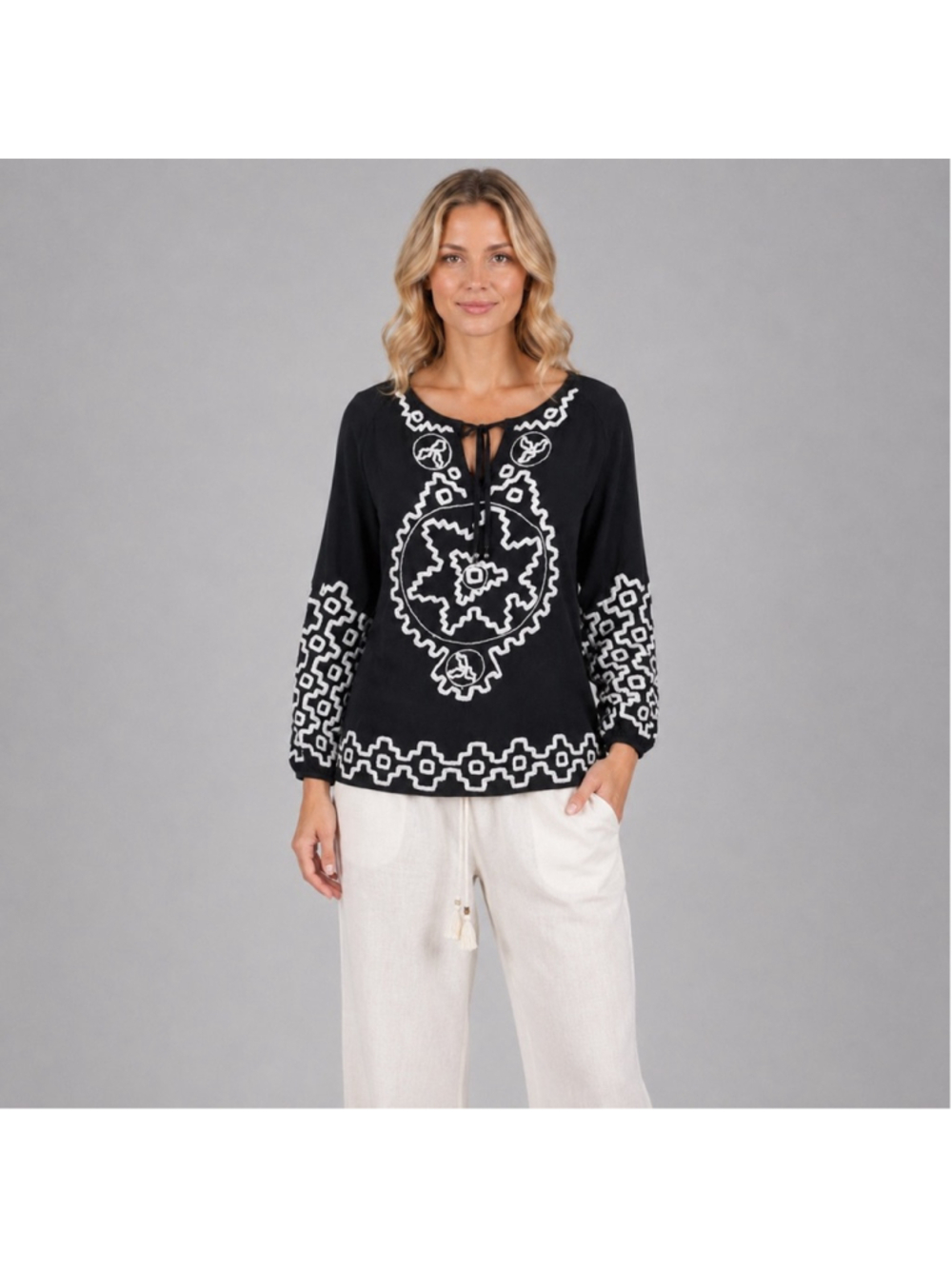 SCULLY Black Embroidered Tunic Top Boho Beach Cover Up Gypsy Peasant Size M